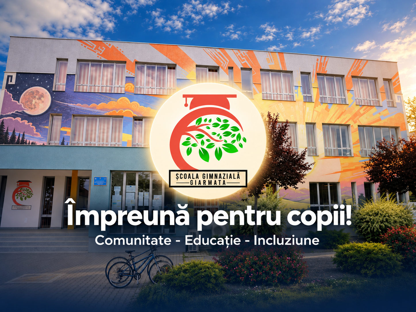 Școala Gimnazială Giarmata, cu sigla școlii și mesajul «Împreună pentru copii! Comunitate – Educație – Incluziune».